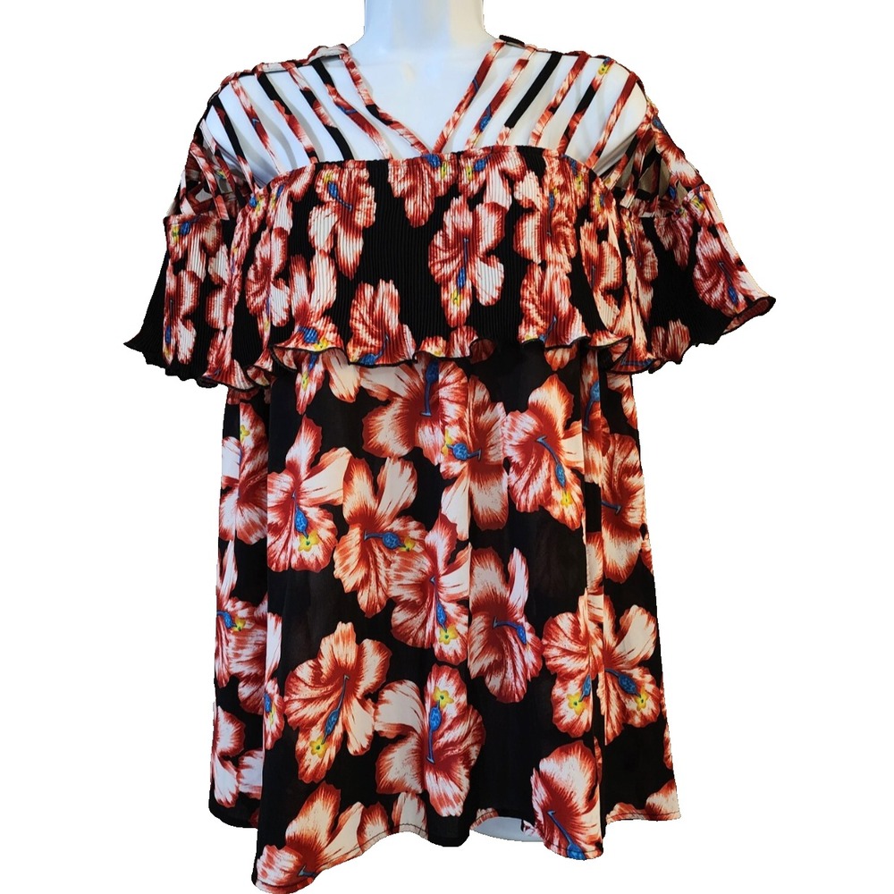ENTRO BLOUSE TOP Hawaiian Floral ACCORDION PLEATS Ruffle Cage Strappy Shoulder L